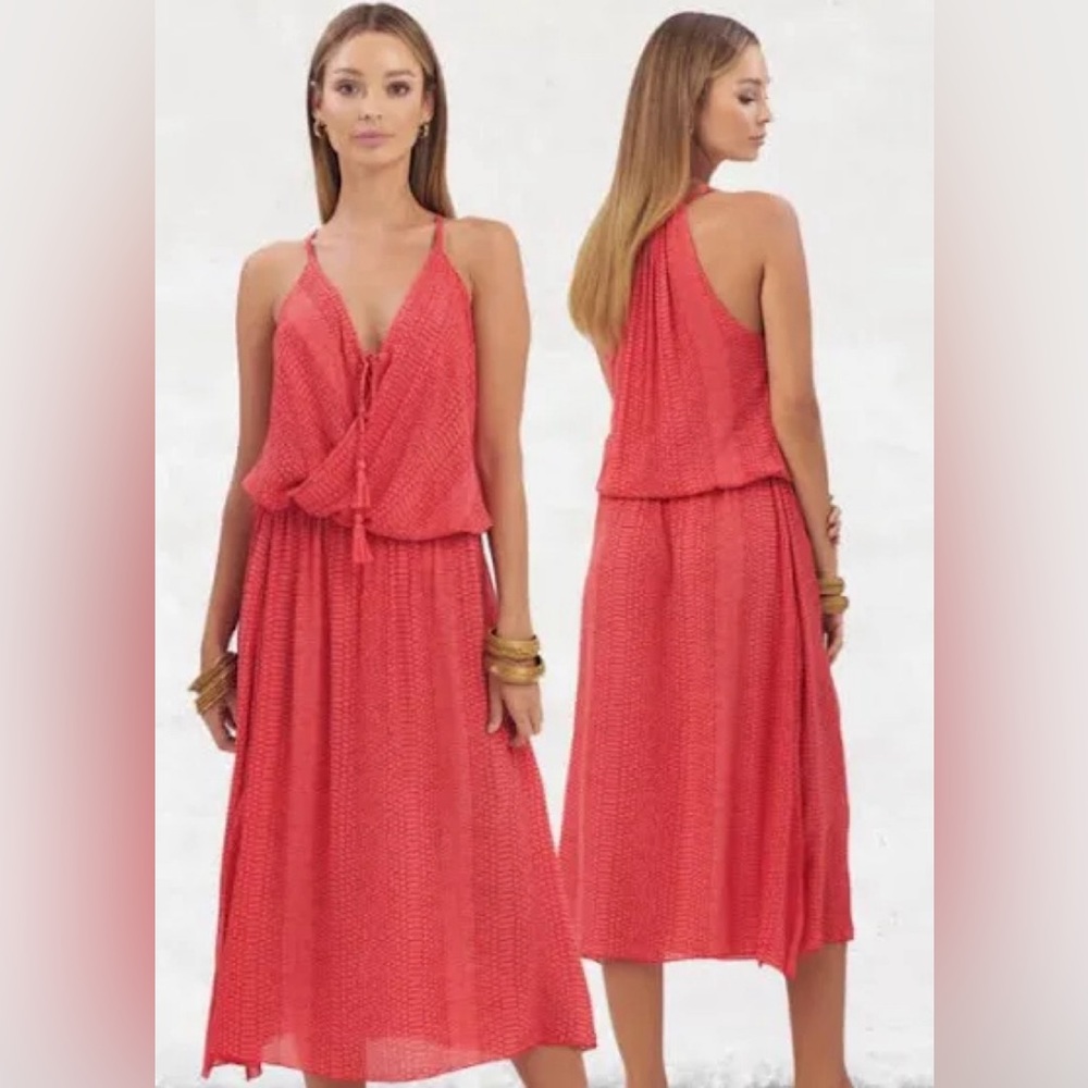 Khush Flowy Coral deep V midi dress.